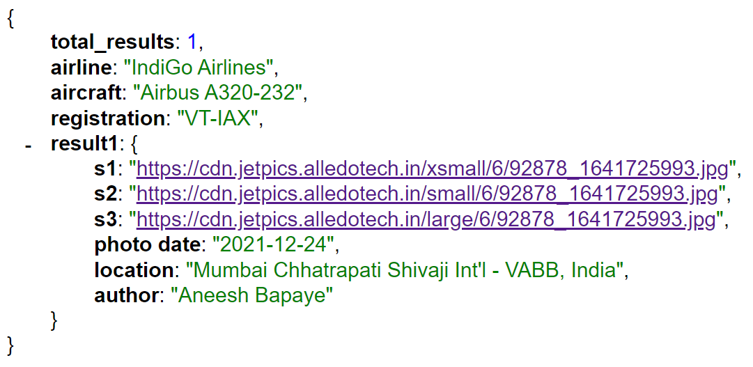 JetPics Api Response - Aircraft Data Api